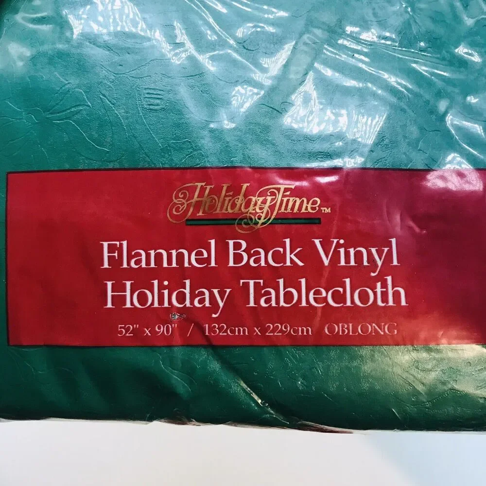 NEW Holiday Time Green Christmas Tablecloth Flannel Back Vinyl 52 x 90